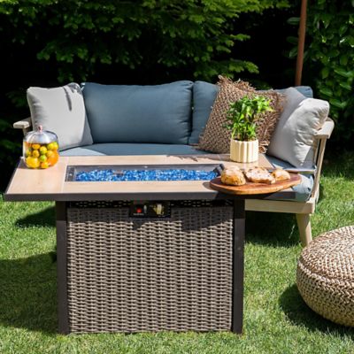Image showing 6 th OuterMust 42 in. Propane Fire Pit Table, 50,000 BTU Hand-Woven Rattan Outdoor Fire Pit with Lid & Blue Glass Bead