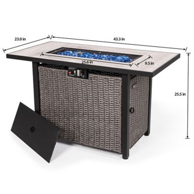 Image showing  42 in. Propane Fire Pit Table with Cover, 50,000 BTU Hand-Woven Rattan Outdoor Fire Pit with Lid & Blue Glass Bead
