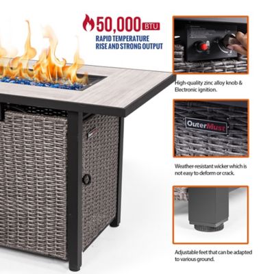 Image showing  42 in. Propane Fire Pit Table with Cover, 50,000 BTU Hand-Woven Rattan Outdoor Fire Pit with Lid & Blue Glass Bead