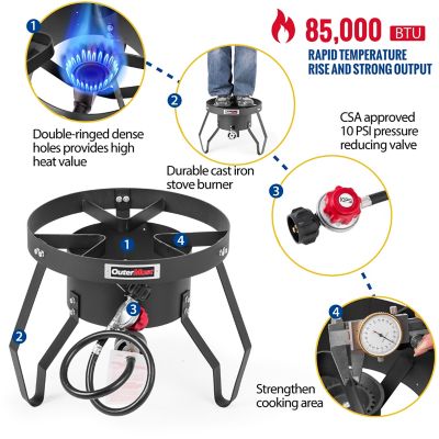 Image showing  85,000 BTU Propane Stove, Heavy Duty Single Propane Burner with 10 PSI Regulator and Cast Iron Braided Holes