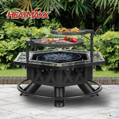 Image showing  Outdoor Wood Burning Fire Pit with Cooking Grill, 37.4 in. Black, Hex-Shaped Ranch Fire Pit