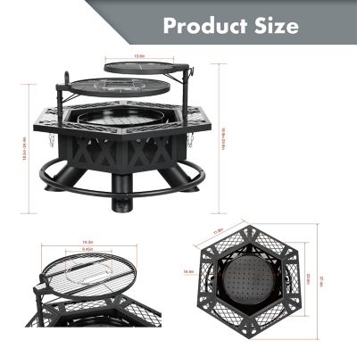 Image showing  Outdoor Wood Burning Fire Pit with Cooking Grill, 37.4 in. Black, Hex-Shaped Ranch Fire Pit