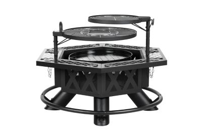 Image showing  Outdoor Wood Burning Fire Pit with Cooking Grill, 37.4 in. Black, Hex-Shaped Ranch Fire Pit