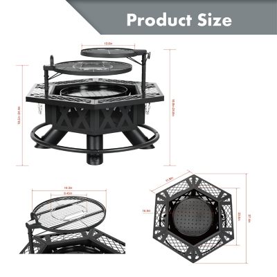 Image showing 9 th HeatMaxx Outdoor Wood Burning Fire Pit with Cooking Grill, 37.4 in. Black, Hex-Shaped Ranch Fire Pit