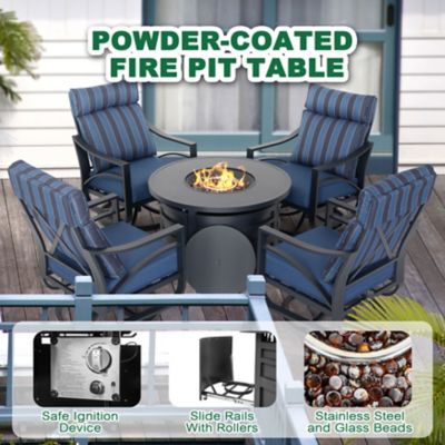 Image showing  5 pc. Propane Fire Pit Table Set with Swivel Chairs, Blue Stripe