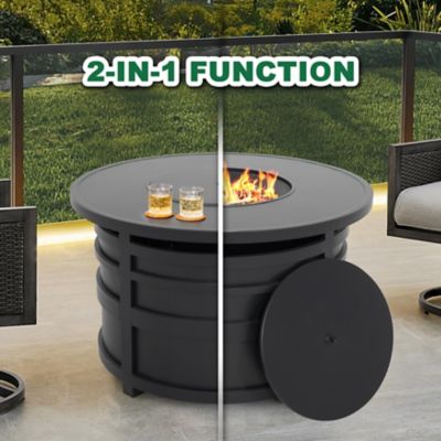 Image showing  5 pc. Propane Fire Pit Table Set with Swivel Chairs, Black and Beige