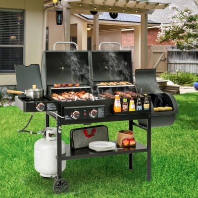 Image showing  2-Burner Propane Gas and Charcoal Combination Grill with Offset Smoker, Black, With Side Burner