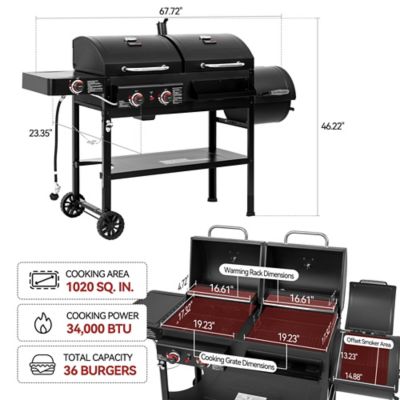 Image showing  2-Burner Propane Gas and Charcoal Combination Grill with Offset Smoker, Black, With Side Burner