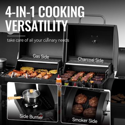 Image showing 8 th Royal Gourmet 2-Burner Propane Gas and Charcoal Combination Grill with Offset Smoker, Black, With Side Burner