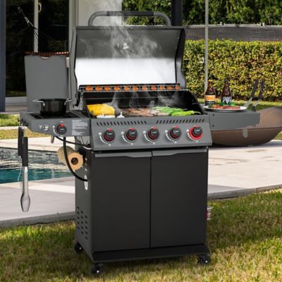 Image showing  5-Burner Propane Gas Grill with Cabinet, Black, With Side Burner