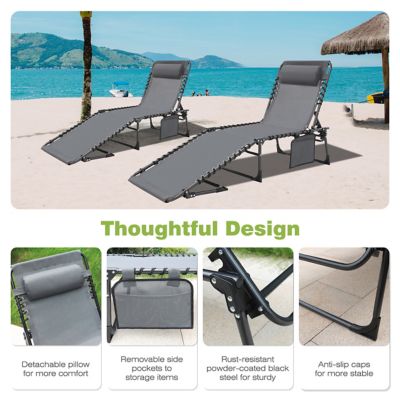 Image showing  Outdoor Folding Chaise Lounge Chair Fully Flat for Beach with Pillow and Side Pocket, 2-Pack