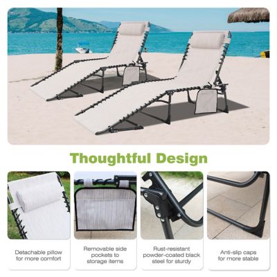 Image showing 1 th Veikous Outdoor Folding Chaise Lounge Chair Fully Flat for Beach with Pillow and Side Pocket, 2-Pack