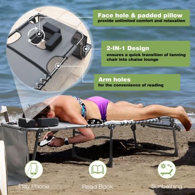 Image showing  Chaise Lounge Chairs for Outside Tanning Chair with Face Hole and Side Pocket, 2-Pack