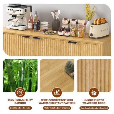 Image showing  47.4 in. 3-Compartment Bamboo Sideboard Buffet Accent Storage Cabinet with Fluted Doors