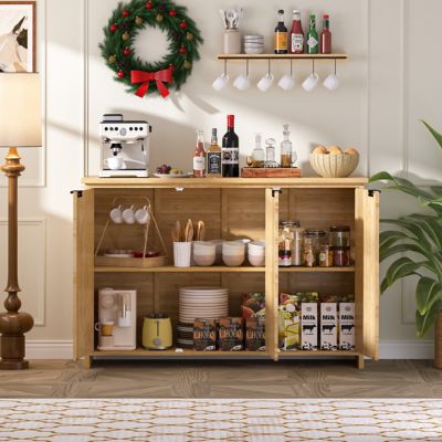 Image showing 9 th Veikous 47.4 in. 3-Compartment Bamboo Sideboard Buffet Accent Storage Cabinet with Fluted Doors