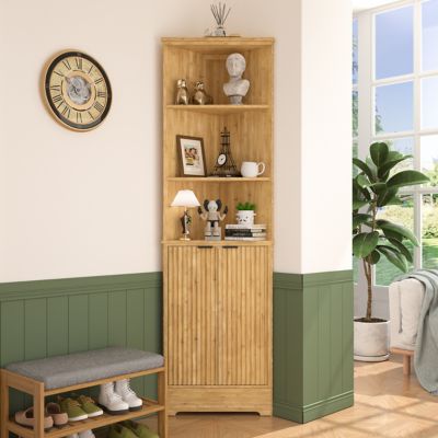 Veikous 22.95 in. x 67.83 in. x 16.14 in. Bamboo Tall Corner Cabinet with Door and Open Shelves