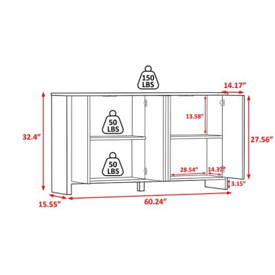 Image showing  Blue 60.24 in. W Accent Storage Cabinet Sideboard with Adjustable Shelves and Fluted Doors