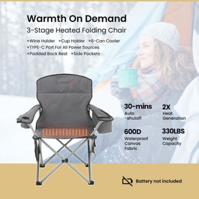Image showing  Portable Folding USB-Heated Camping Chair with 6-Can Armrest Cooler, Gray