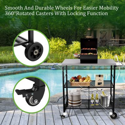 Image showing  Outdoor 3-Tier Wheeled Dining Grill Cart Table for Outside, Black