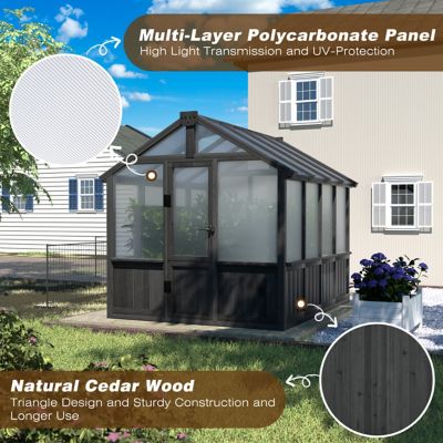 Image showing  6 ft. x 8 ft. Wooden Black Garden Greenhouse with Multi-Layer Polycarbonate Panels and Adjustable Roof