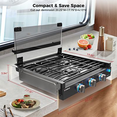 Image showing  3-Burner Outdoor Propane RV Cooktop Stove, 21 in., 21,000 BTU, Tempered Glass Cover, Slide-in