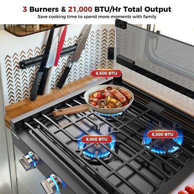 Image showing  3-Burner Outdoor Propane RV Cooktop Stove, 21 in., 21,000 BTU, Tempered Glass Cover, Slide-in