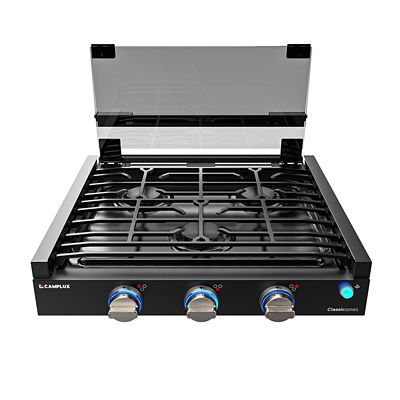 Image showing 9 th Camplux 3-Burner Outdoor Propane RV Cooktop Stove, 21 in., 21,000 BTU, Tempered Glass Cover, Slide-in