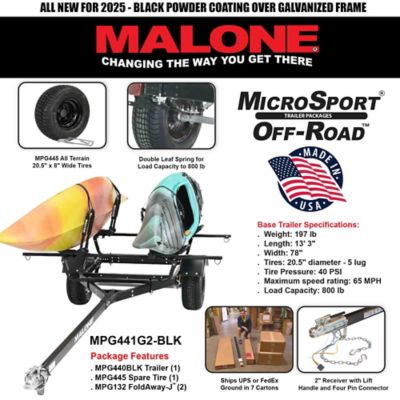 Image showing  MicroSport Off-Road 2 Kayak Trailer Package, 800 lb. Max Capacity, 2 Sets FoldAway-J, Spare Tire