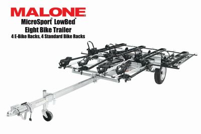 Malone MicroSport LowBed 8 Bike Trailer Package, 4 E-Bike Racks, 4 Stand Bike Racks, Kick Stand, Spare Tire