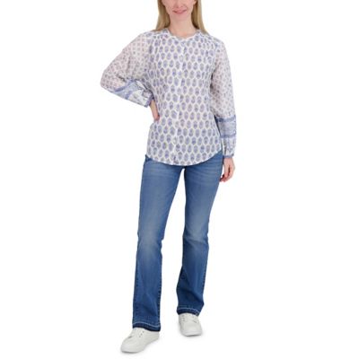 Image showing  Women's Border Print Button-Through Crew Neck Long-Sleeve T-Shirt