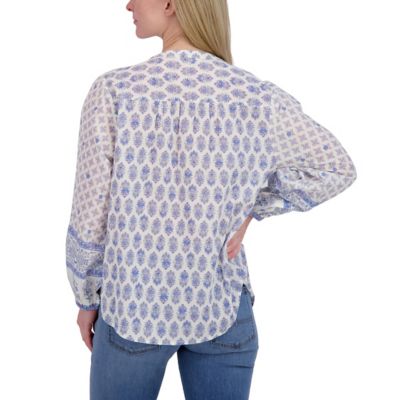 Image showing  Women's Border Print Button-Through Crew Neck Long-Sleeve T-Shirt