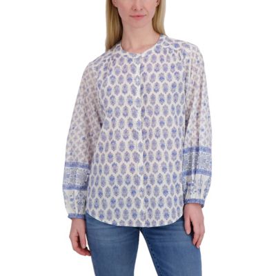 Lucky Brand Women's Border Print Button-Through Crew Neck Long-Sleeve T-Shirt