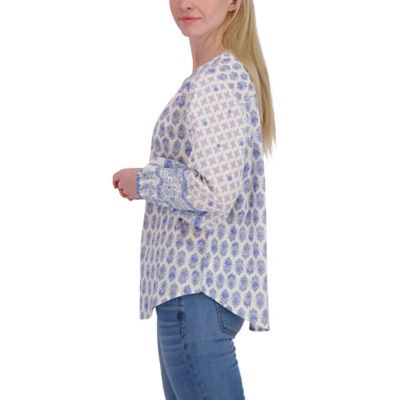 Image showing  Women's Border Print Button-Through Crew Neck Long-Sleeve T-Shirt