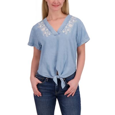 Image showing  Women's Embroidered Tencel V-Neck Short-Sleeve Peasant Top