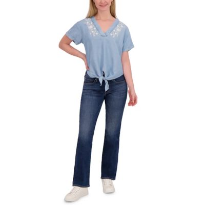 Image showing  Women's Embroidered Tencel V-Neck Short-Sleeve Peasant Top