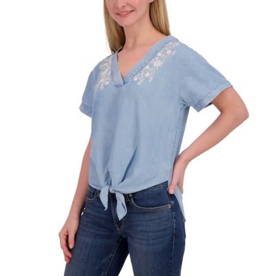 Image showing  Women's Embroidered Tencel V-Neck Short-Sleeve Peasant Top