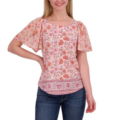 Lucky Brand Women's Fabric Mix Crew Neck Flutter Sleeve T-Shirt