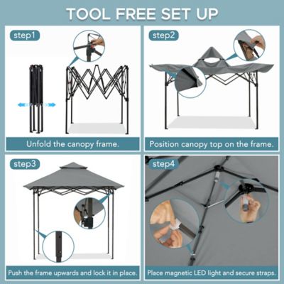 Image showing 7 th Sunjoy 8 x 5ft. Grill Gazebo Double Tiered Outdoor Gazebo Standing-Height Canopy with Magnetic LED Light, Brown/Gray/Red