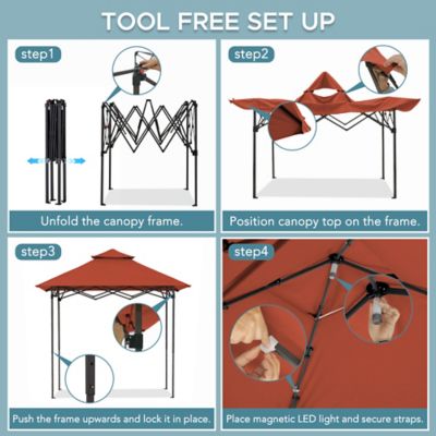 Image showing 7 th Sunjoy 8 x 5ft. Grill Gazebo Double Tiered Outdoor Gazebo Standing-Height Canopy with Magnetic LED Light, Brown/Gray/Red