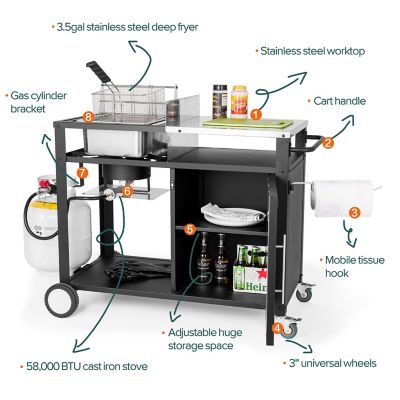 Image showing  Outdoor Kitchen Cart with 16 qt. Deep Fryer and Cabinet, Movable Fish Fryer with Stainless Steel Top