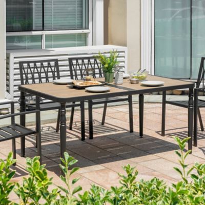 Image showing  Outdoor Metal Dining Table with Wood-Grain Top, Umbrella Hole
