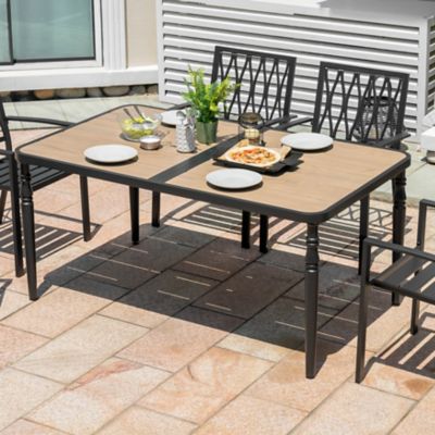Image showing  Outdoor Metal Dining Table with Wood-Grain Top, Umbrella Hole