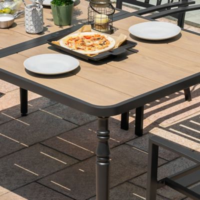 Image showing  Outdoor Metal Dining Table with Wood-Grain Top, Umbrella Hole