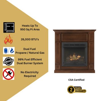 Image showing  Vent-Free Gas Fireplace, Dual Fuel LP & NG, 950 sq. ft., 26,000 BTU's, Walnut, Adjustable Thermostat