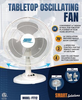 Image showing 5 th Seasons Comfort 12 in. 3-Speed Table Top Oscillating Fan, 70 deg. Oscillation, Adjustable Tilt, Metal Grill, Quiet Operation