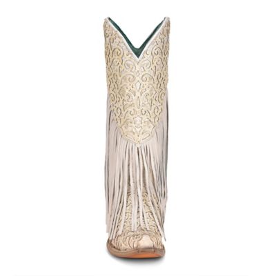 Image showing  Women's Overlay Embroidery Lamb Fringe Snip Toe Cowgirl Boots