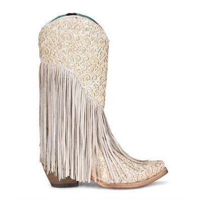 Corral Women's Overlay Embroidery Lamb Fringe Snip Toe Cowgirl Boots