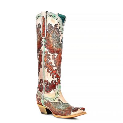 Corral Women's Hand Painted and Tooled Fire Phoenix Tall Top Snip Toe Cowgirl Boots
