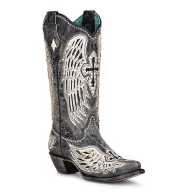 Image showing  Women's Cross and Wings Overlay and Studs Worn Finish Snip Toe Cowgirl Boots