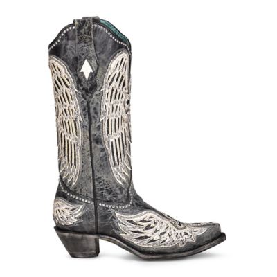 Image showing  Women's Cross and Wings Overlay and Studs Worn Finish Snip Toe Cowgirl Boots
